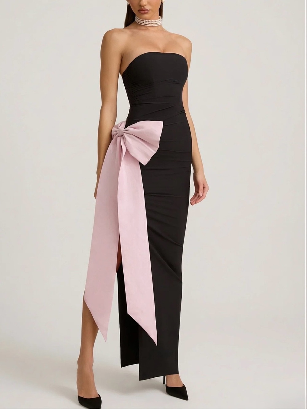 Oh Polly Angelique Strapless Bow Maxi Dress Black Pink US 2 New With Tags